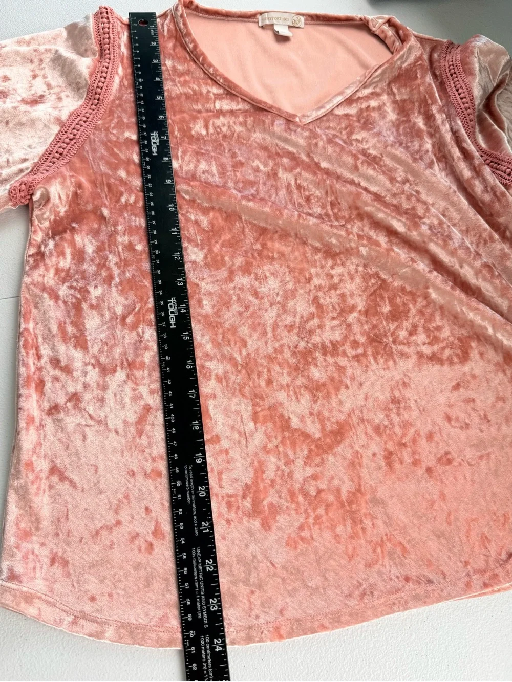 Westport 1962 Crushed Velvet Lace Trim Bell Sleeve Top Dusty Rose Pink L